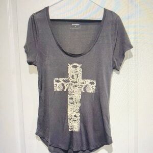 Express Gray Women's Top with Lace Cross Design